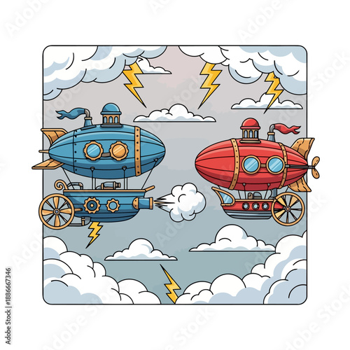 Two colorful steampunk airships in a vintage cartoon illustration.