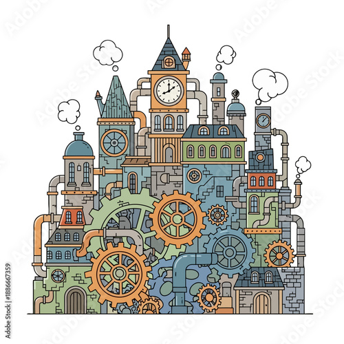 Elaborate Steampunk City Illustration with Gears and Clock Towers.