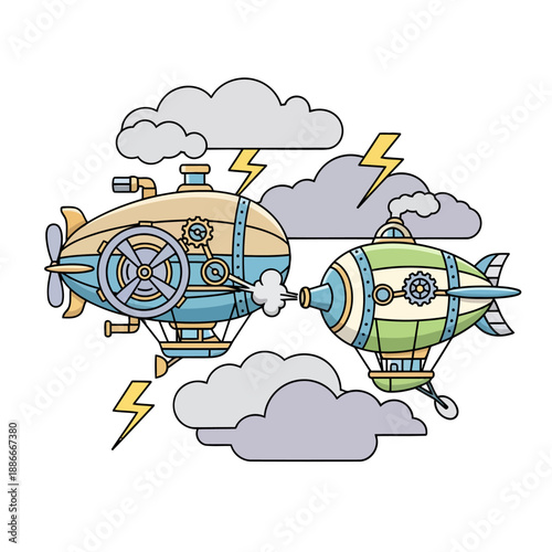 Two colorful steampunk airships navigating a stormy sky with lightning bolts.