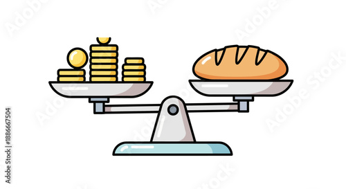 Inflation concept with money and bread on a balance scale.