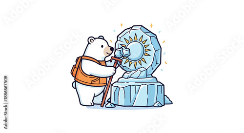 Creative polar bear artist carving a sun sculpture from ice.