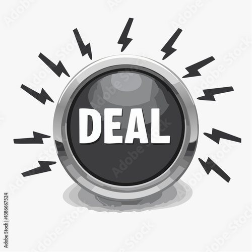 Button with DEAL text surrounded by lightning bolts in a silver frame
