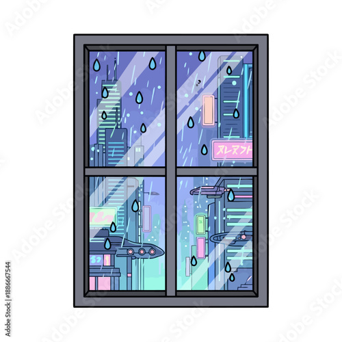 Isolated four-pane window with raindrops on the glass illustration.