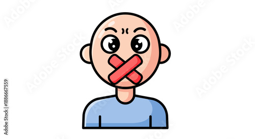 Cartoon illustration of an angry person silenced with a red cross over their mouth.