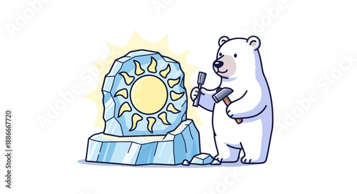 Creative polar bear carves a beautiful sun into a large ice block.
