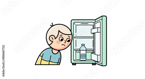 Sad cartoon boy looking into a nearly empty refrigerator.