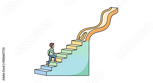 Man ascends a colorful staircase that transforms into a fun slide.