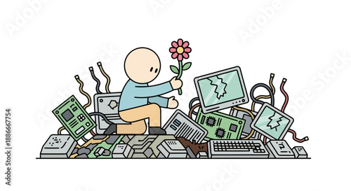 Cartoon character holding a flower on a pile of electronic waste.