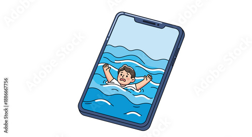 Conceptual illustration of a person trapped and drowning inside a smartphone.