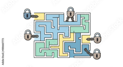 Hand-drawn labyrinth puzzle with padlocks and keys concept.