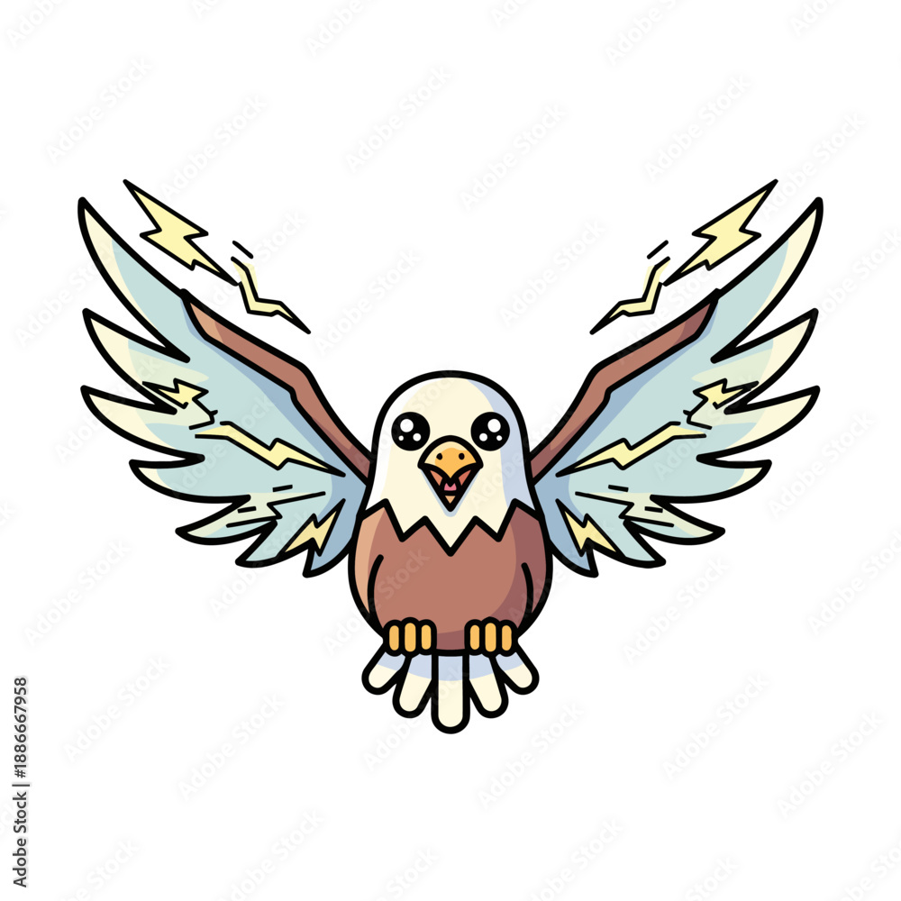 Obraz premium Cute cartoon thunder eagle mascot with lightning wings.