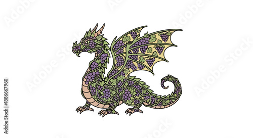 Detailed fantasy dragon with intricate green and purple mosaic patterns.