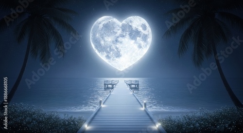 Romantic Heart Moon Over Tropical Ocean Pier at Night good night love