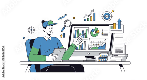 Man analyzing data on computer screen.