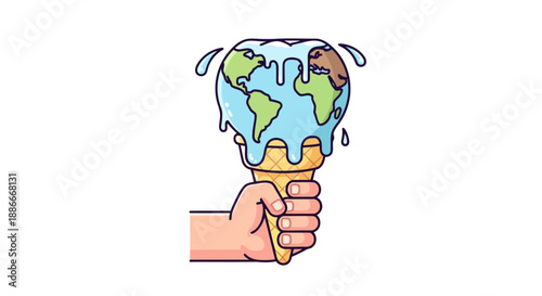 Conceptual illustration of global warming with a melting Earth ice cream cone.