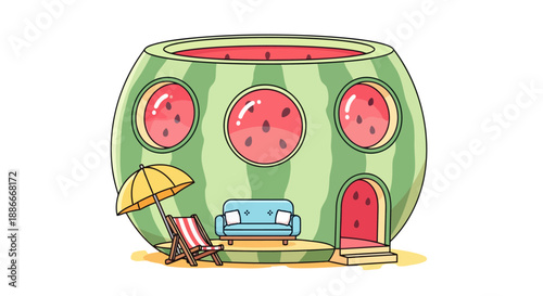 Charming cartoon house carved from a giant watermelon fruit.