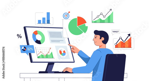 Man analyzing data on computer screen.