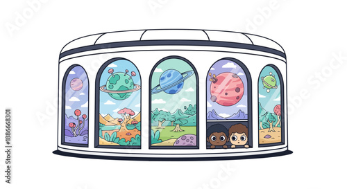 Fantastical cartoon conservatory showcasing diverse alien planets and worlds.