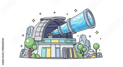 Cartoon Astronomical Observatory with a Large Telescope.