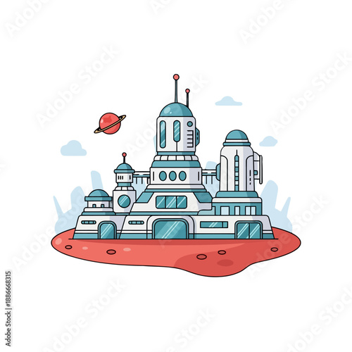 Futuristic space station colony building on a red alien planet.