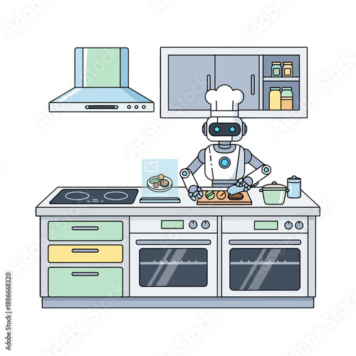 Futuristic android robot chef wearing a toque and preparing food.