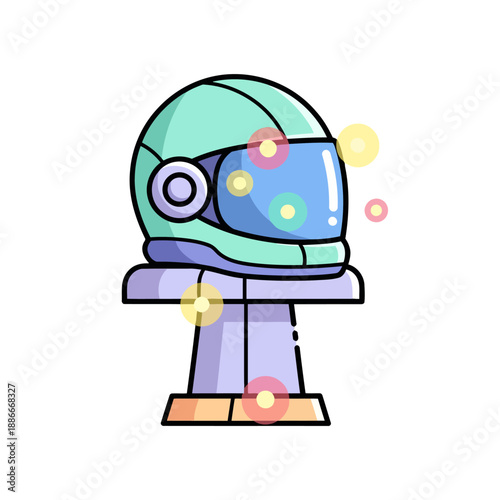 Cartoon astronaut helmet on a display stand vector illustration.