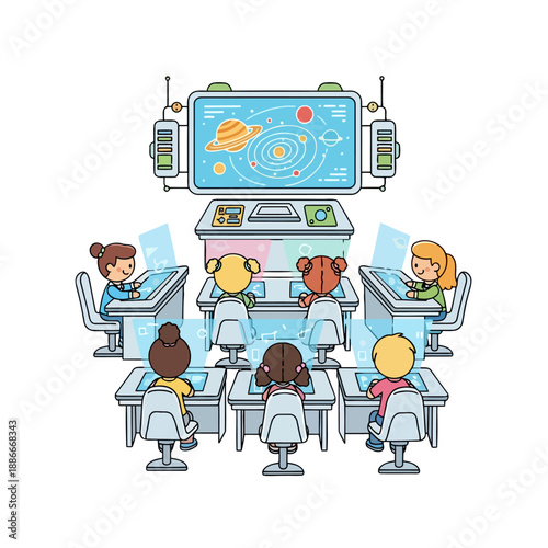 Futuristic Classroom with Children Learning About the Solar System.