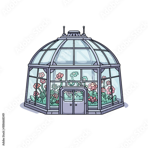 Illustrated glass greenhouse conservatory with blooming flowers inside.