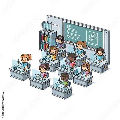 Isometric illustration of diverse students in a classroom during a lesson.