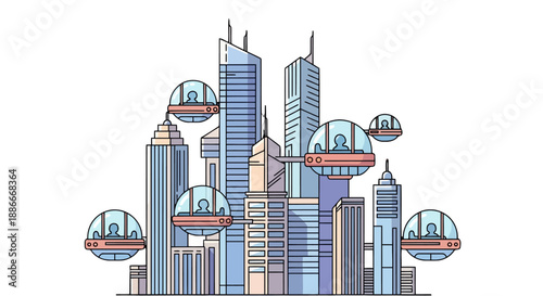 Futuristic Cityscape with Tall Skyscrapers and Flying Pod Vehicles.