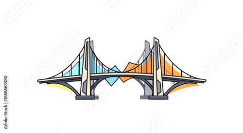 Artistic colorful sketch of a modern suspension bridge icon.