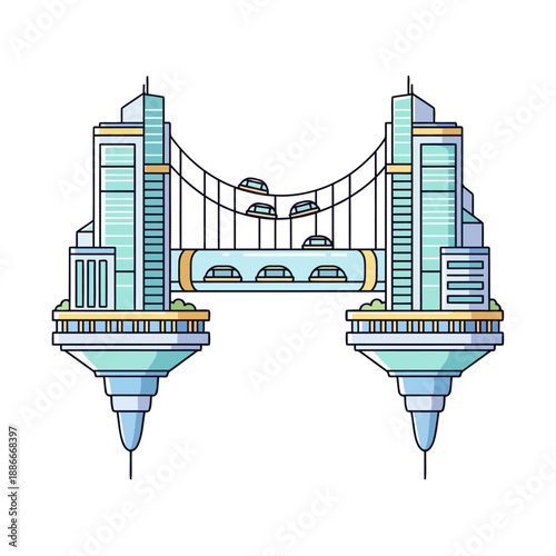 Futuristic suspension bridge with skyscraper towers and multi-level traffic.