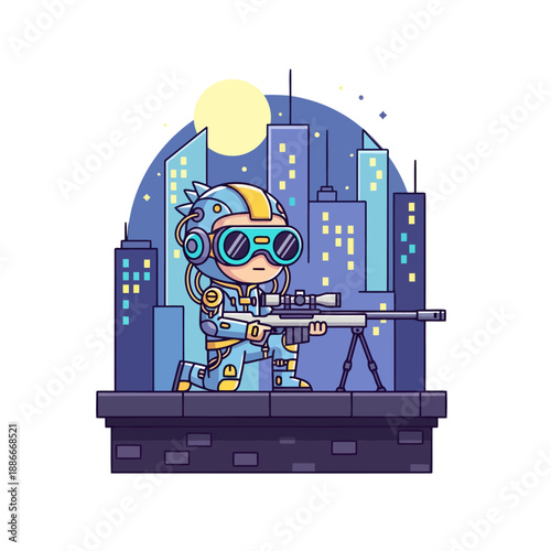 Adorable chibi cyber soldier character with goggles and a sniper rifle.