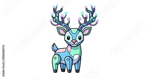 Adorable robotic deer with glowing colorful antlers cartoon illustration.