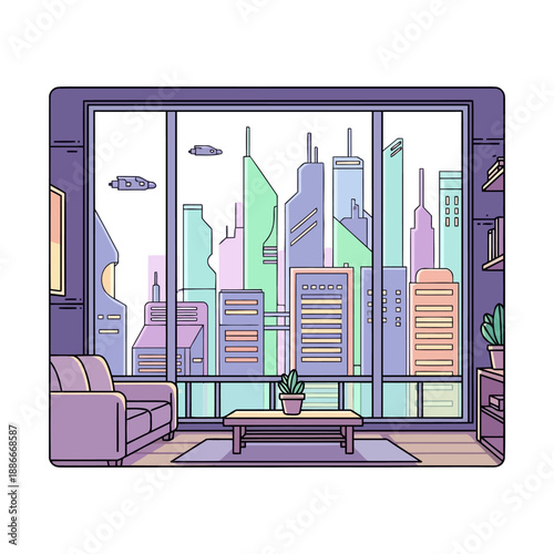 Cozy apartment living room with a large window overlooking a futuristic cityscape.