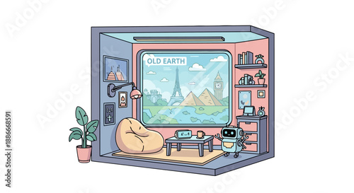 Cute Robot in a Cozy Futuristic Room with a View of Old Earth.