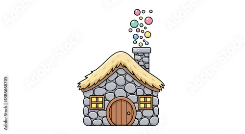 Charming cartoon stone cottage with a thatched roof and colorful smoke.