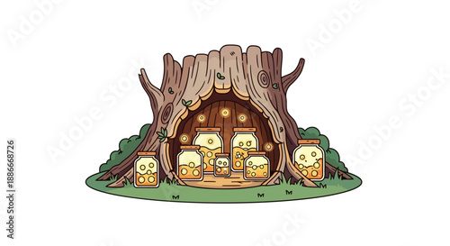 Enchanting hollow tree stump house filled with glowing magical jars.