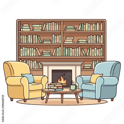 Cozy home library interior with two armchairs by a fireplace.