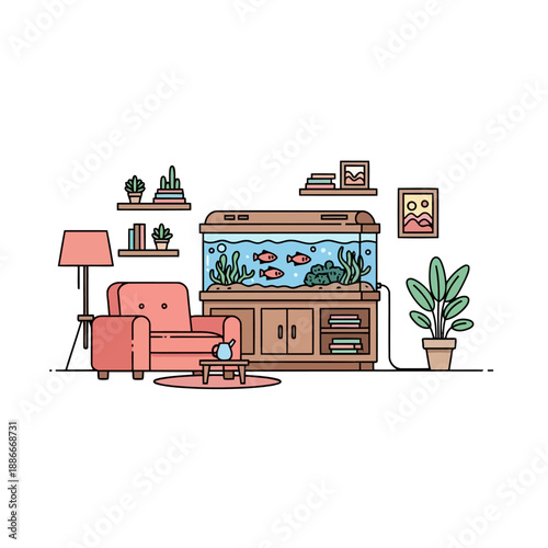 Cozy living room interior with a large fish tank aquarium.