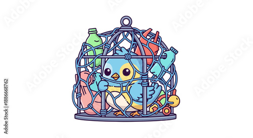Cute Cartoon Bird Trapped in a Cage Filled with Plastic Pollution.