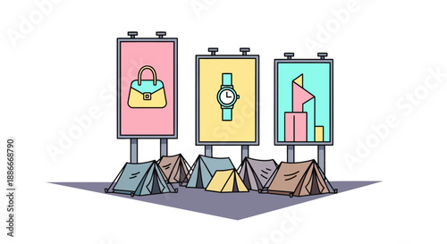 Illustration of people camping in tents for a new product release.
