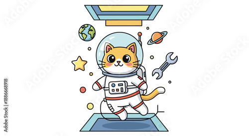 Cute cartoon cat astronaut floating in zero gravity inside a spaceship.