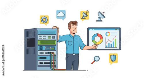 Man Analyzing Server Data on Computer Screen.