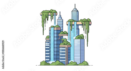 Sustainable futuristic city with green skyscrapers and cascading waterfalls.