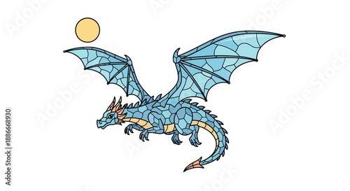 Blue fantasy dragon with large wings flying in the sky.