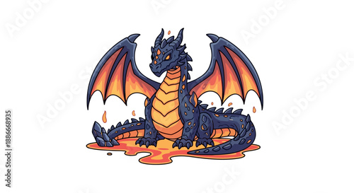 Majestic dark blue cartoon dragon with fiery orange wings illustration.
