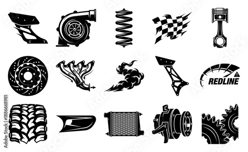 Black Ink Stencil Automotive Performance Tuning Element Kit for High Speed Racing Graphic Design