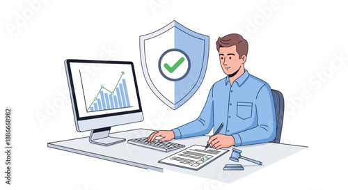 Man Ensuring Data Security at Desk.