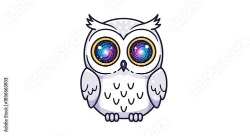 Adorable cartoon white owl with large cosmic galaxy eyes.